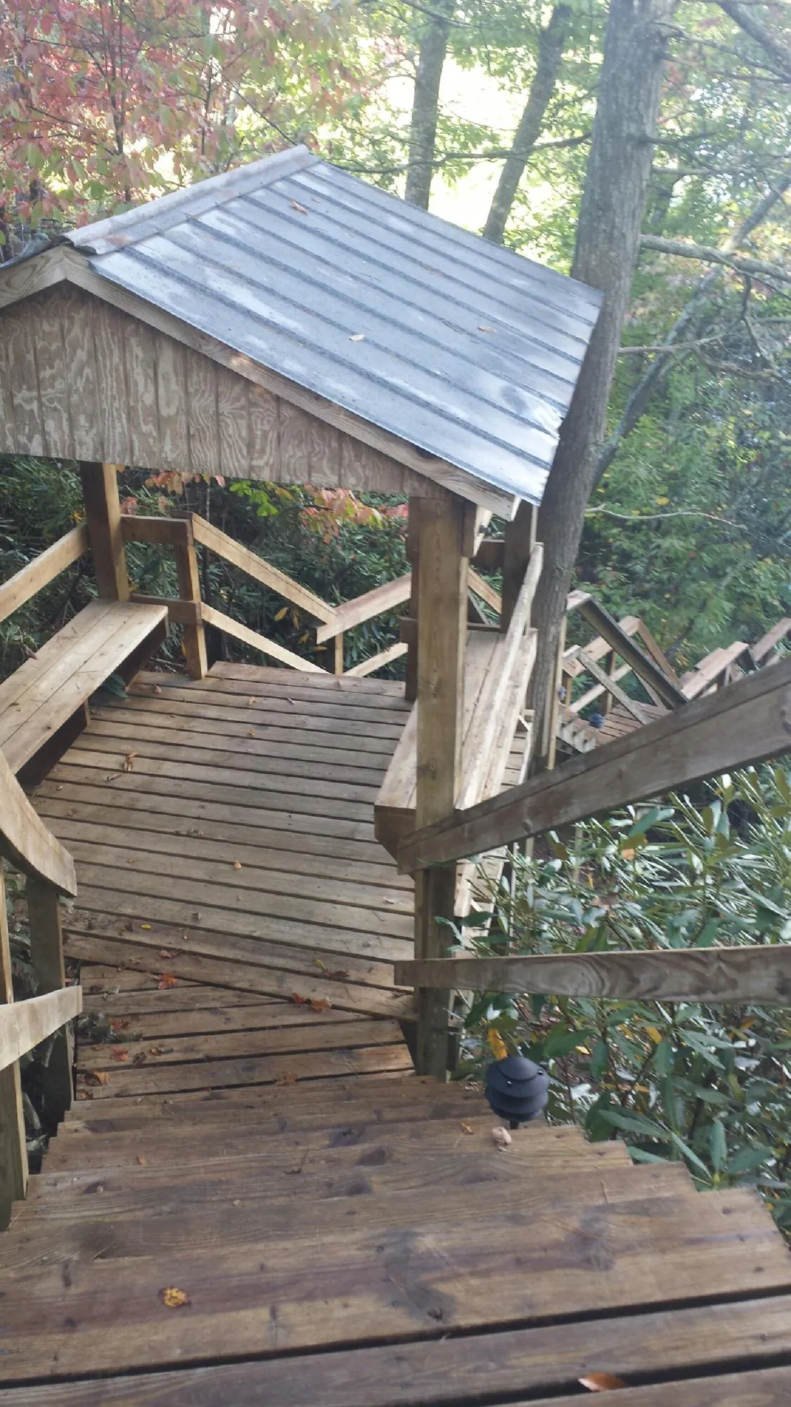 Metal roofed shelter over wooden steps on a wooded walkway — Skylight Repair & Installation work by our crew in Clarkesville